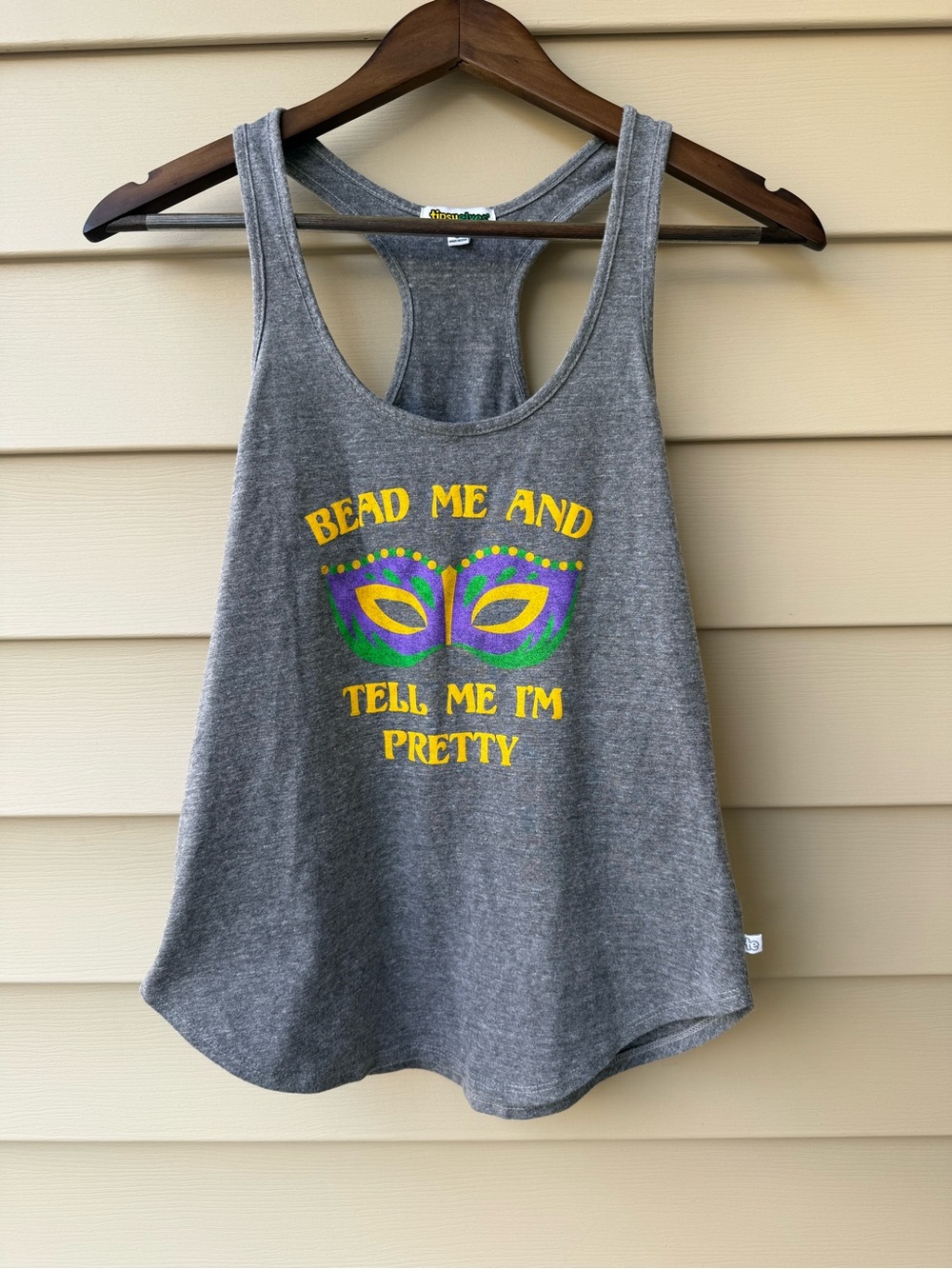 Tipsy Elves Mardi Gras “Bead Me” Racerback Tank Top Gray Size Small